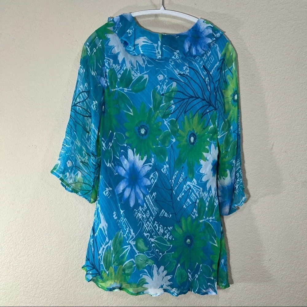NEW YORK CITY DESIGN CO VTG SZ XL 100% SILk TOP PULLOVER MULTI BLUE RUFFLE BOHO - Picture 4 of 9